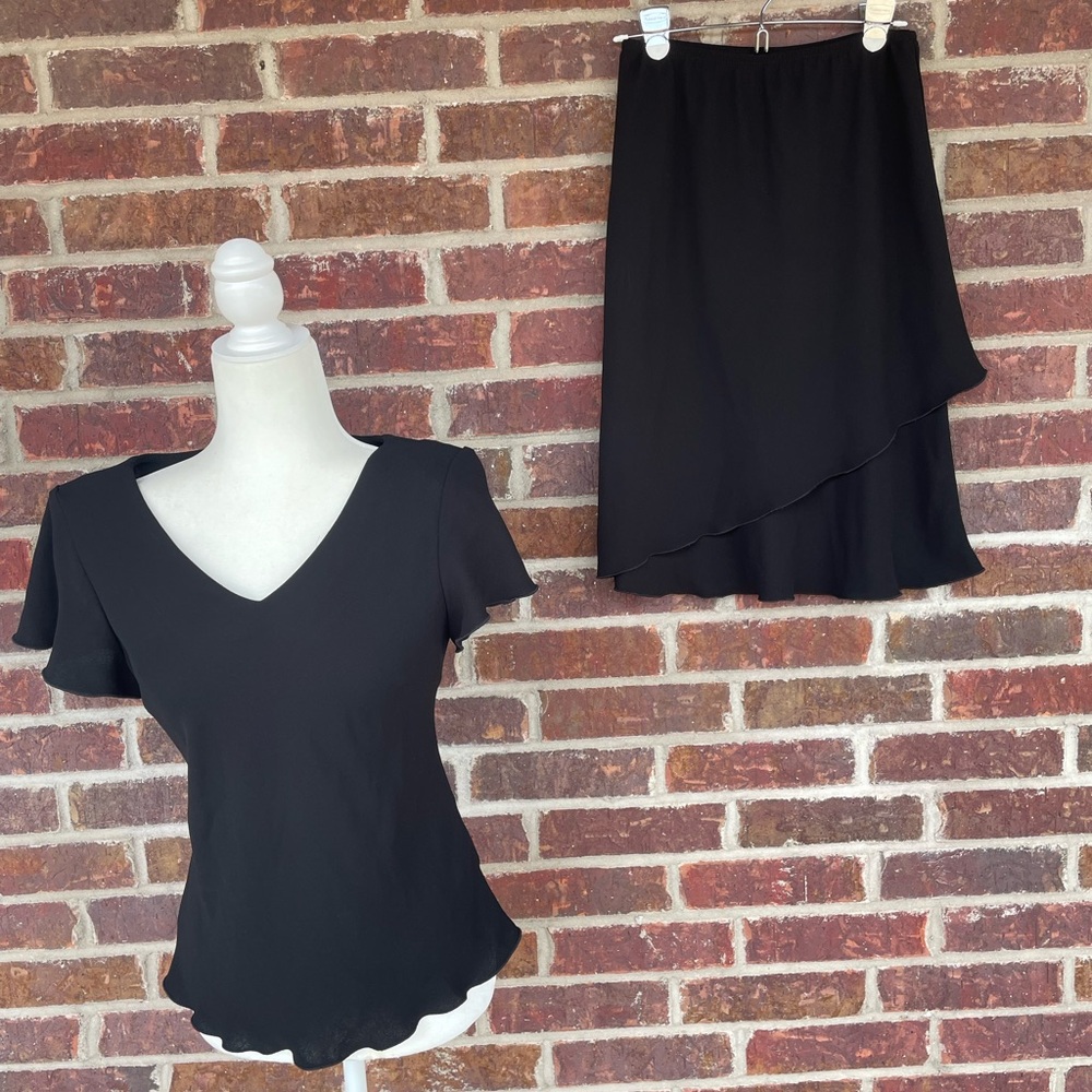 Vintage Women’s S.L. Fashions Black 2 Piece Tiered Skirt Cap Sleeve Set Size 8